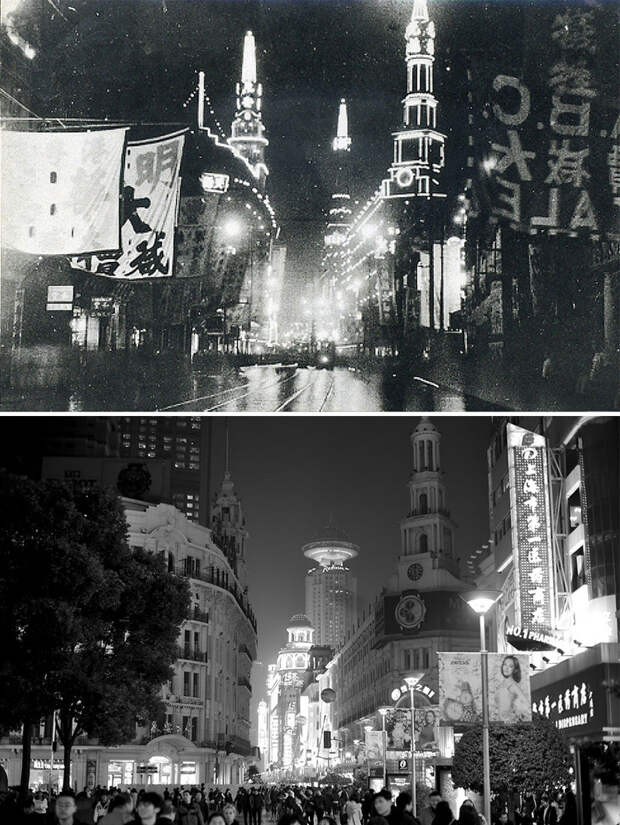 Нанкинская дорога в Шанхае, 1940 год и 2016 год Нанкинская дорога в Шанхае, 1940 год и 2016 год китай, сейчас, тогда