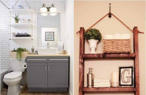 Деревянная полка на верёвках – не только удобный функционал в ванной комнате, но и отличный декоративный элемент интерьера.