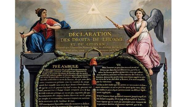 Жан-Жак-Франсуа Ле Барбье изобразил Всевидящее око наверху Декларации прав человека и гражданина, принятой в августе 1789 в качестве первого шага к созданию конституции революционной Франции