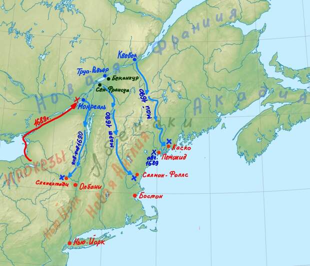 Карта боевых действий 1689-начала 1690 г. между Францией и Англией