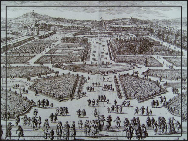 Сад Тюильри в 17 веке, вид на запад в сторону будущих Елисейских полей, гравюра Переля.
