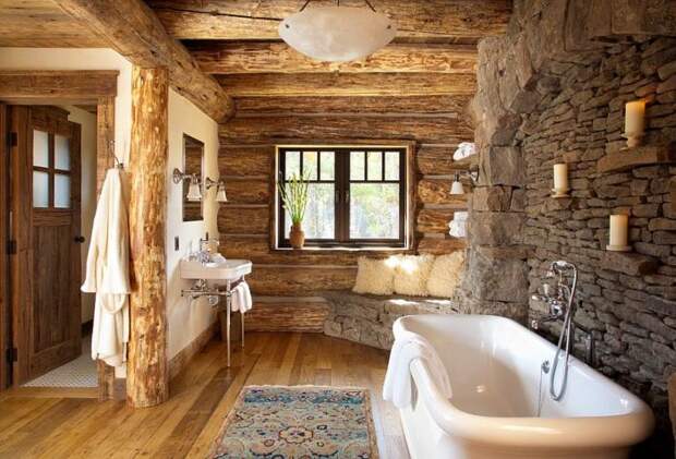 Сочетание древесины и камня в ванной комнате. 