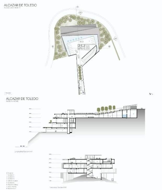 План-чертеж многофункционального жилого комплекса Alcazar de Toledo, интегрированного в скалистый рельеф пригорода Мехико.