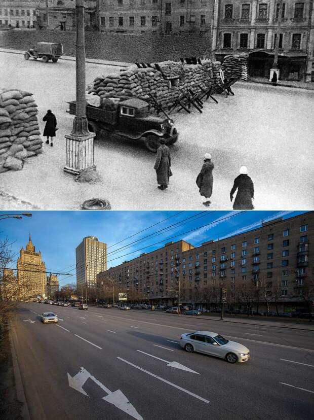 Сверху: баррикады на Смоленской улице, 1941 год / снизу: вид на Смоленскую улицу