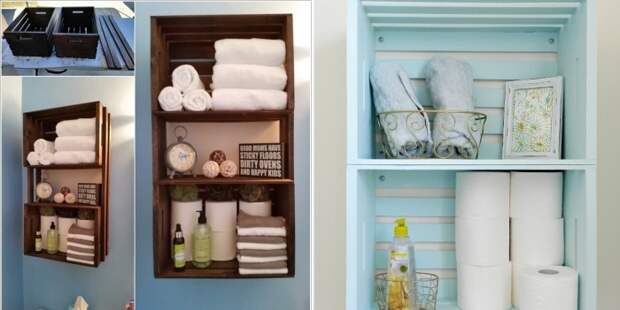 Из обычных деревянных ящиков можно создать необыкновенные полки для ванной комнаты. 