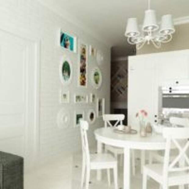 Белая кухня гостиная с кирпичной стеной