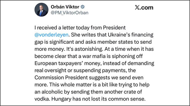Такое позволено только ему: Орбан сравнил помощь Украине с ящиком водки для алкоголика. Скриншот: соцсеть Х