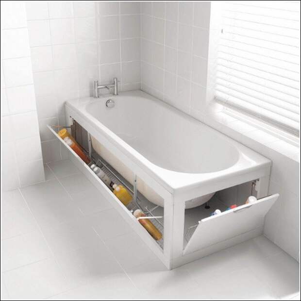 2. Храните вещи под ванной. Всё гениальное - просто. ванная комната, лайфхаки, уют