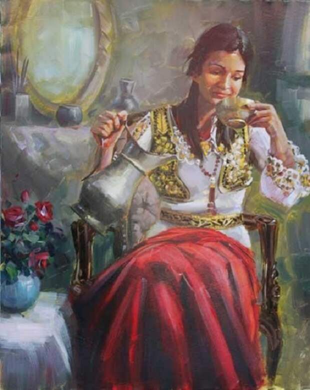Гадание по кофейной гуще очень популярно на Востоке, так гадают и цыганки тоже. Картина Бекира Устуна.