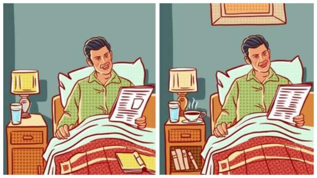 Тест на внимательность: найдите за 1 минуту 6 отличий на картинке с мужчиной в кровати, который читает газету