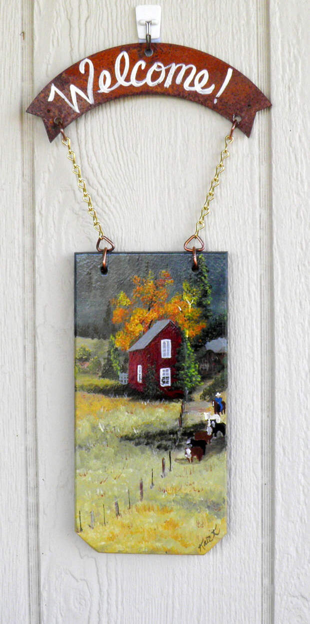 Welcome Sign of Cabin in the Woods, with Cattle and Horseman