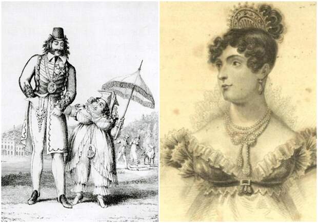 Слева направо: Карикатура Джорджа Крукшанка на предполагаемые отношения Каролины и Пергами. \ Каролина, принцесса Уэльская, неизвестный художник, около 1820 года.