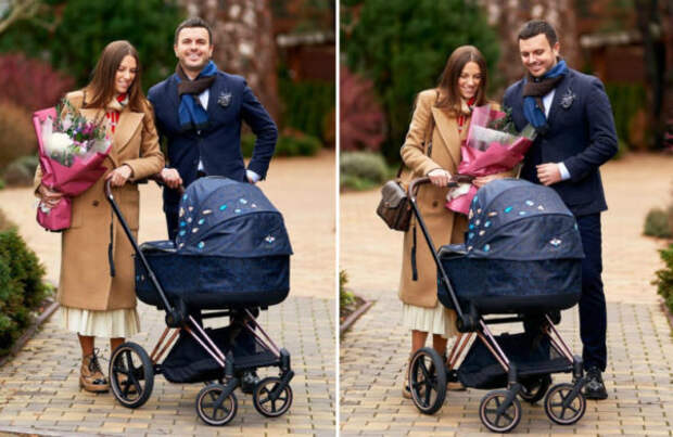 Григорий и Кристина Решетник с новорожденным сыном на прогулке