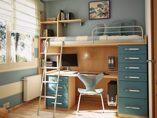 А главное, что такой принцип распределения пространства подходит как для очень маленьких комнат… двухъярусная кровать, дизайн, идеи, маленькая квартира