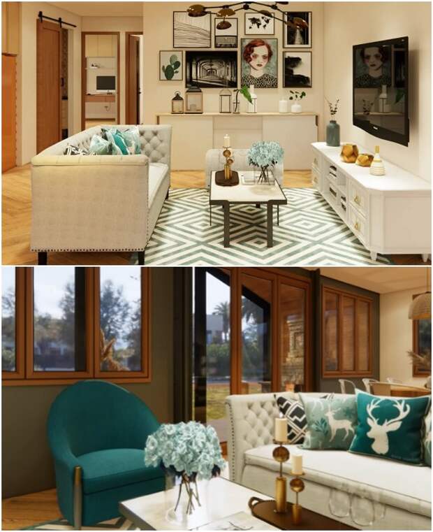 В гостиной контейнерного дома идеально сочетается стиль и комфорт.