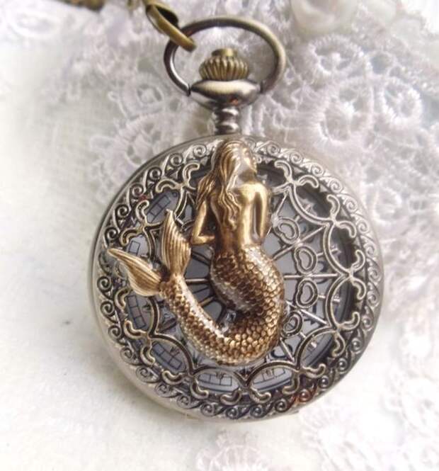 Mermaid pocket watch, mens pocket watch with mermaid mounted on front case: 