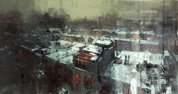 Ночь Нью-Йоркской зимой городские пейзажи, джереми манн, живопись, искусство, картины