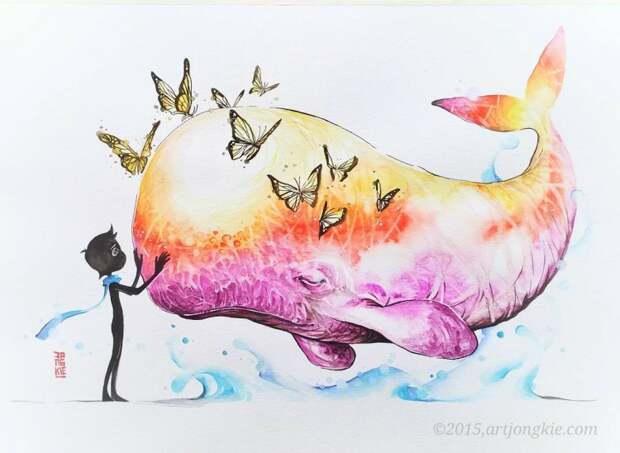 акварель позитивный рисунок кит и ребенок