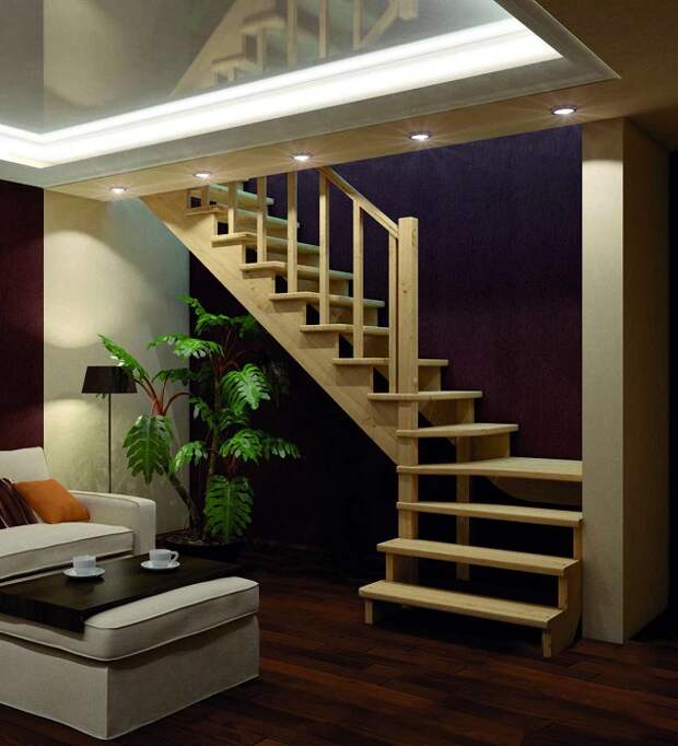 Деревянная лестница открытого типа, которая станет великолепным дополнением интерьера роскошного особняка.