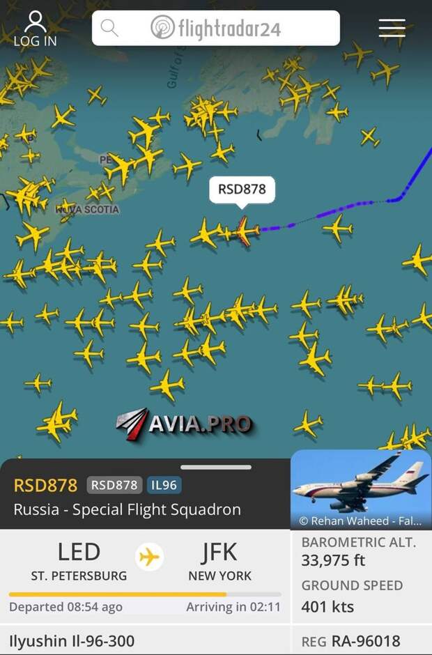 Российский спецборт сейчас направляется в США, сообщает FlightRadar24.