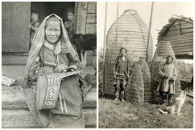 Женщина за выделкой берестяной люльки и рыбаки история, народности, север, старые фотографии