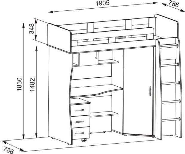 Чертеж: кровать чердак для подростка со шкафом и рабочим местом