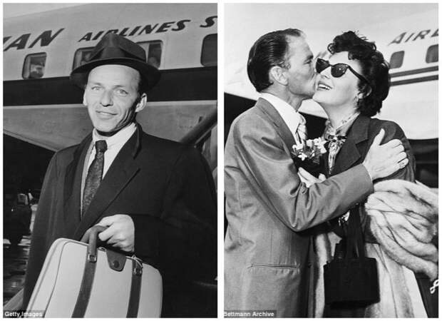 А Фрэнк Синатра был гламурным авиапассажиром задолго до того, как это стало мейнстримом. Слева - 1956 г., справа - с женой Авой Гарднер, 1952 г. архивные фотографии, аэропорт, аэропорты, знаменитости, известные люди, старые фото, фото знаменитостей