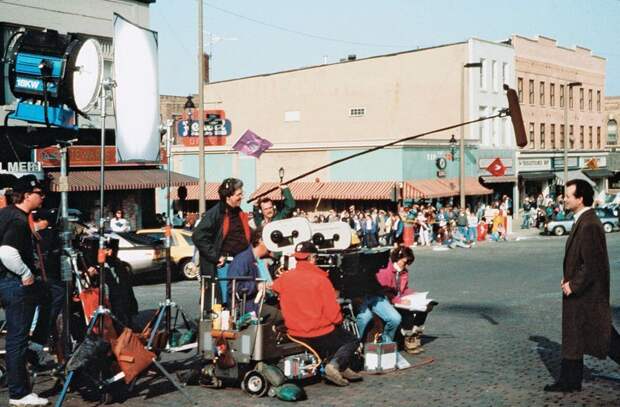 Билл Мюррей на съемках фильма "День сурка", 1992 год. голливуд, за кадром, кино, фото