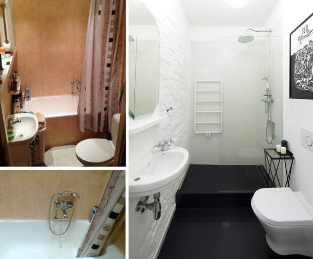 современный интерьер ванной комнаты черно-белый цвет кирпичная стена фото до и после