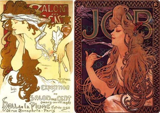Альфонс Муха. Слева – афиша ХХ выставки *Салона ста*, 1896. Справа – реклама папиросной бумаги *JOB* | Фото: wm-painting.ruа Альфонс Муха. Слева – афиша ХХ выставки *Салона ста*, 1896. Справа – реклама папиросной бумаги *JOB* | Фото: wm-painting.ruа