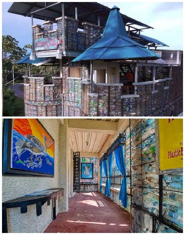 В «Пластиковом замке» обустроены комфортабельные номера и есть терраса, на которой расположено кафе (Plastic Bottle Village, Панама). | Фото: lifter.com.ua.