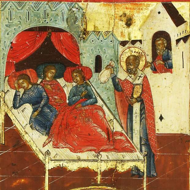 Saint Nicholas and Scenes from his Life Saint Nicholas provides a dowry for the three beautiful daughters of an impoverished nobleman..jpg Saint Nicholas and Scenes from his Life Saint Nicholas provides a dowry for the three beautiful daughters of an impoverished nobleman..jpg