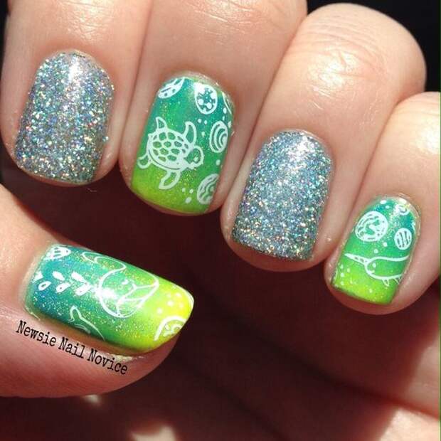 зеленые ногти с рисунком черепашки