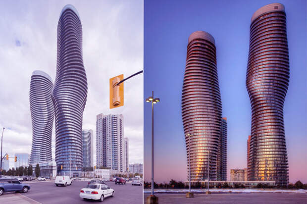 Облицованные алюминием пятидесятиэтажные жилые башни в пригороде Торонто.