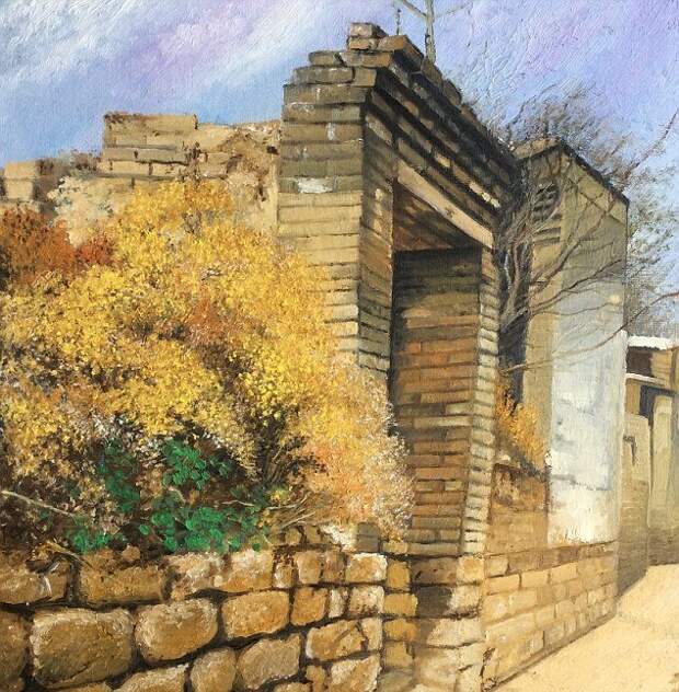 Одна из самых любимых работ Чжан - "Парадный вход в мой дом". На ней изображен дом, в котором в молодости жил ее отец болезнь, жажда жизни, инвалид, картины, китай, сила духа, художница, художница-инвалид