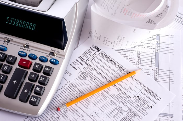 An adding machine sitting on top of a tax form.