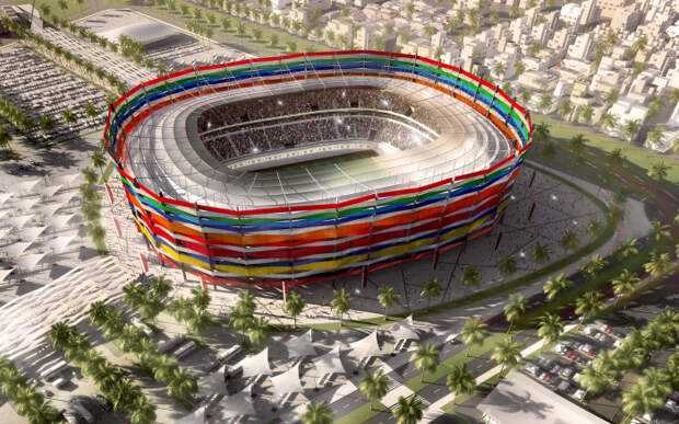 Фасад стадиона Al-Gharafa будет украшен разноцветными лентами, символизирующими дружбу и равенство всех народов (Аль Гарафа, Катар ЧМ-2022). | Фото: domostroynn.ru.