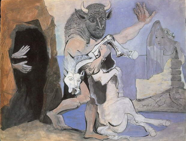 Пабло Пикассо. Минотавр убивающий кобылу перед входом в пещеру и девушка с покрывалом. 1936 год