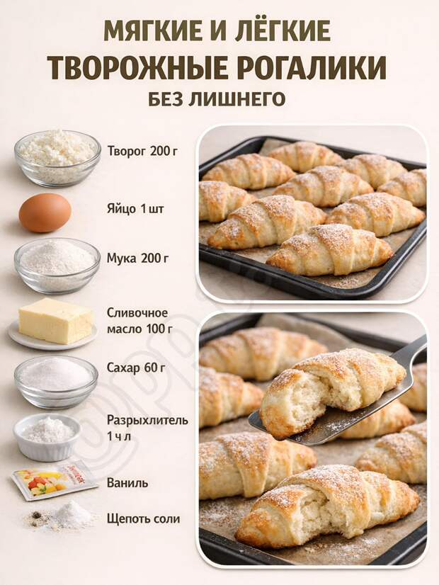 Кулинария>Мягкие и лёгкие творожные рогалики !