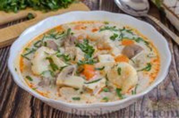 Фото к рецепту: Суп со свининой, куриной печенью и грибами