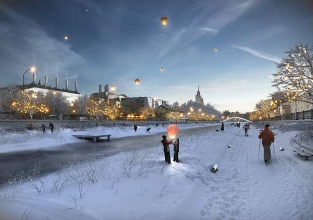 Прогулочная зона вдоль Москвы-реки зимой