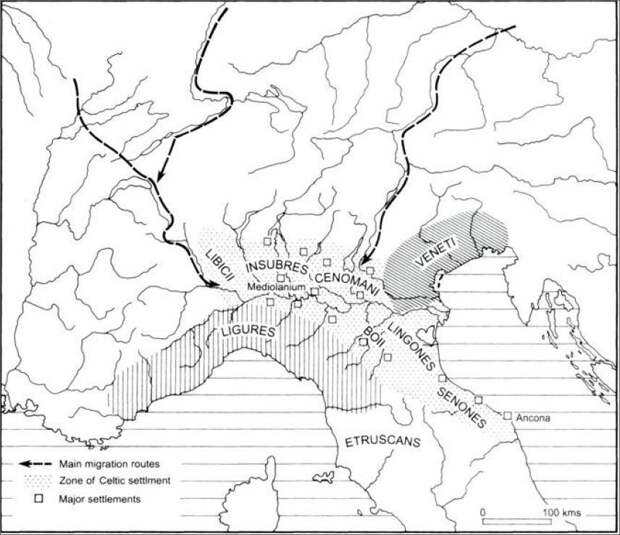 Карта расселения галльских племён в северной Италии