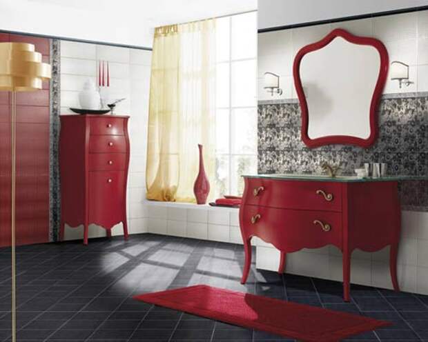 красный цвет в дизайне ванной комнаты, bathroom in red, red bathroom, красная ванная, фото красной ванной комнаты