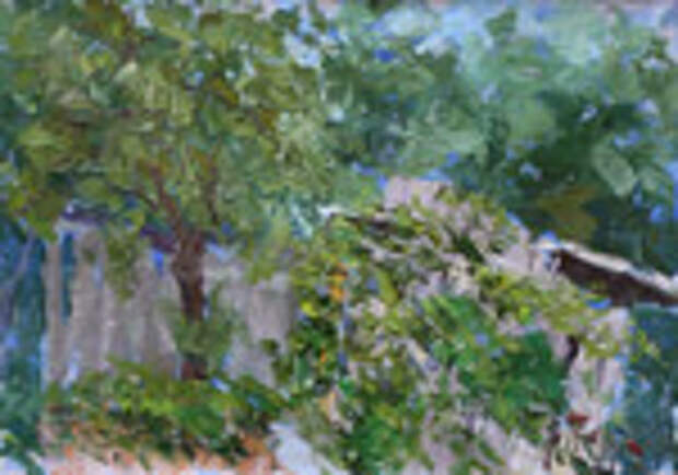 этюд. живопись маслом и мастихином. Картина: "Дворик в зелени 243", холст.32х46, 2011г.