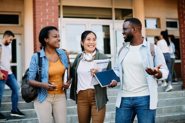 College students talking and laughing.
