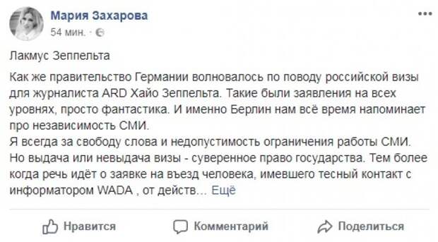 Захарова о позиции Берлина: они не за свободу СМИ, а за антироссийскую деятельность