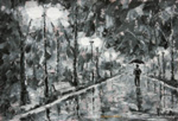 Черно-белый ночной городской пейзаж. Картина "Одиночество в ночи.", холст, масло, мастихин. 40х68, 2011г.