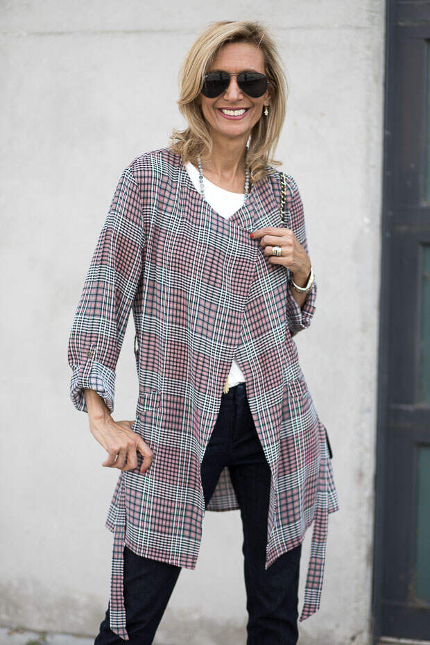 black and pink plaid duster with belt
