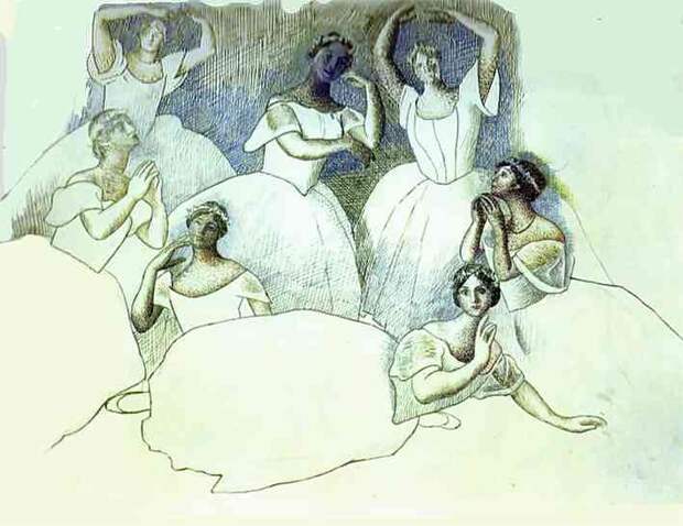 Пабло Пикассо. Группа танцовщиц. Ольга Хохлова лежит на переднем плане. 1919 год