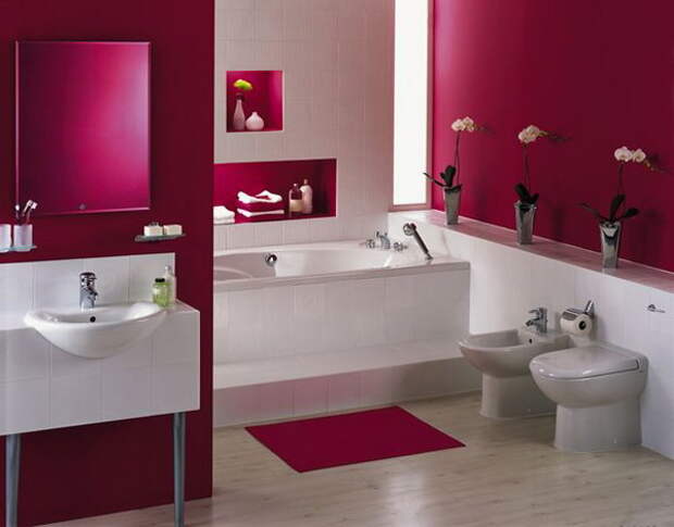 красный цвет в дизайне ванной комнаты, bathroom in red, red bathroom, красная ванная, фото красной ванной комнаты